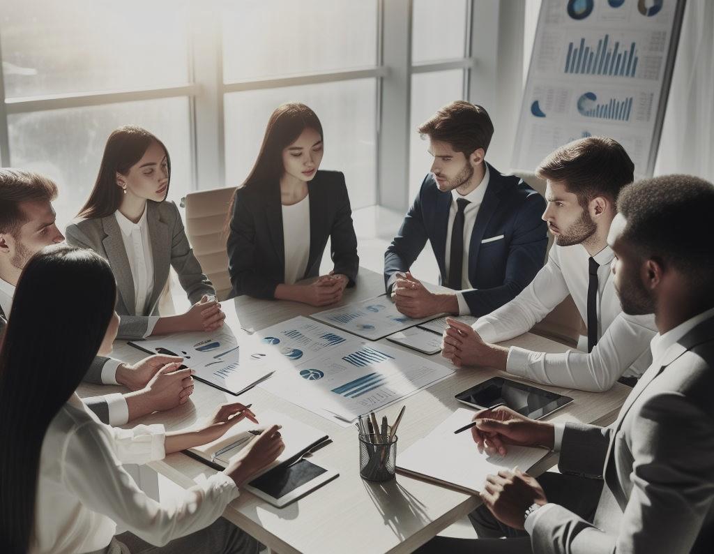 A diverse team of professionals collaborates around a table, discussing strategic goals for a successful Business Intelligence project in 2024. The image exemplifies the blend of human expertise and AI precision, echoing the blog’s theme of harmonious collaboration for BI success.