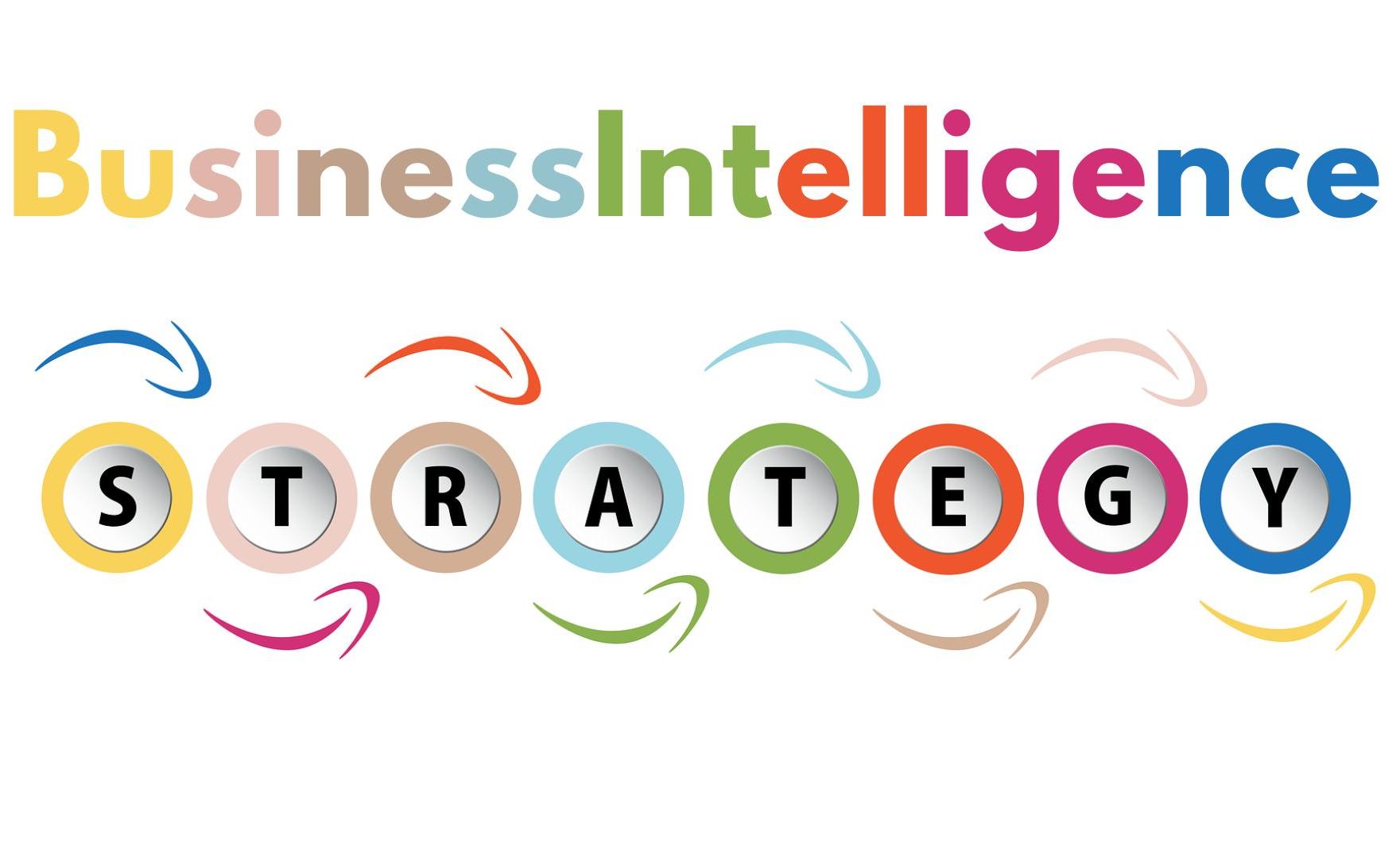 A colorful image displaying the words ‘Business Intelligence’ at the top in multi-colored letters and the word ‘STRATEGY’ below, with each letter encased in a different colored circle, symbolizing the diverse elements of a business intelligence strategy.